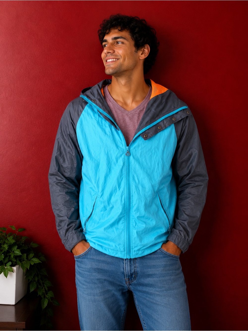 Men's Lightweight Hooded Windbreaker Jacket - Blue/Gray